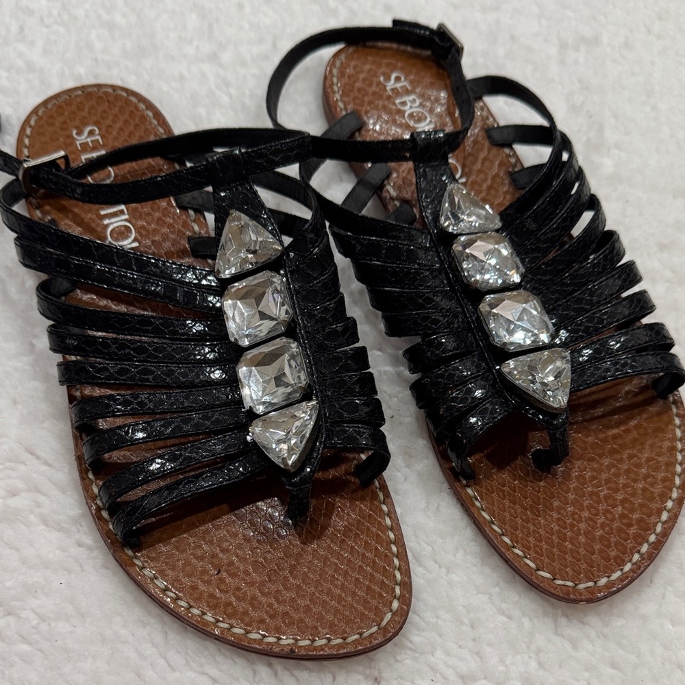 Black Strappy Sandals with Crystal Accents